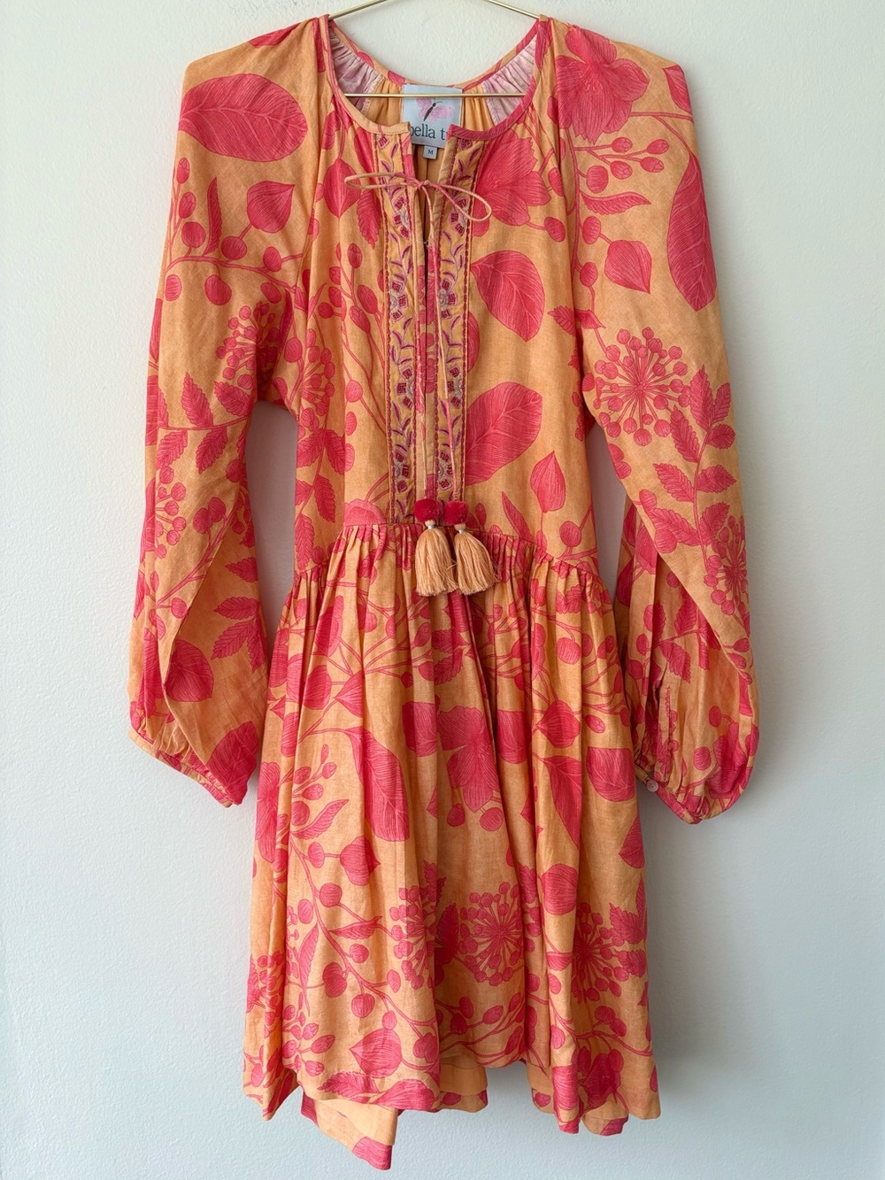 Bella Tu Floral Embroidered Cotton Dress Medium Orange Pink Boho Tassel
